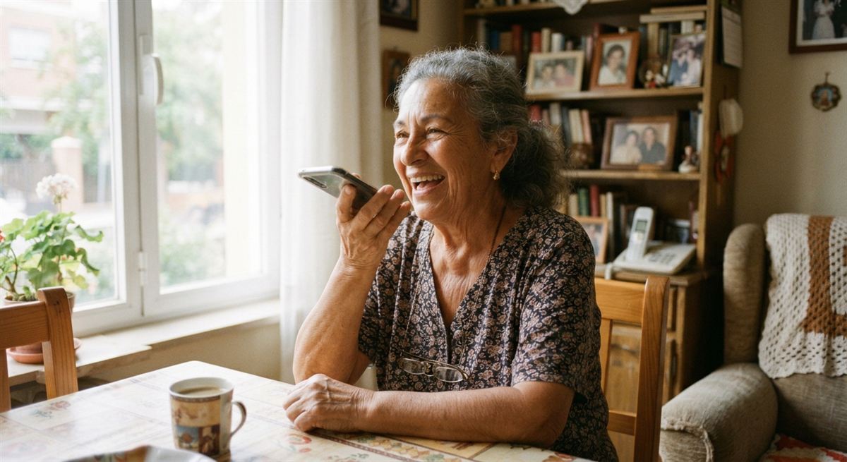 Una mujer mayor sonríe mientras graba un audio con el móvil, sentada a la mesa de su cocina junto a una taza de café.