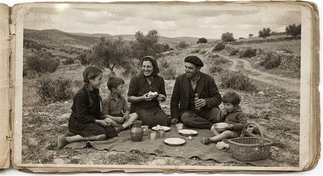Foto antigua en blanco y negro de una familia merendando sobre una manta en el campo: los padres y tres niños, con una jarra de barro y una cesta de mimbre.