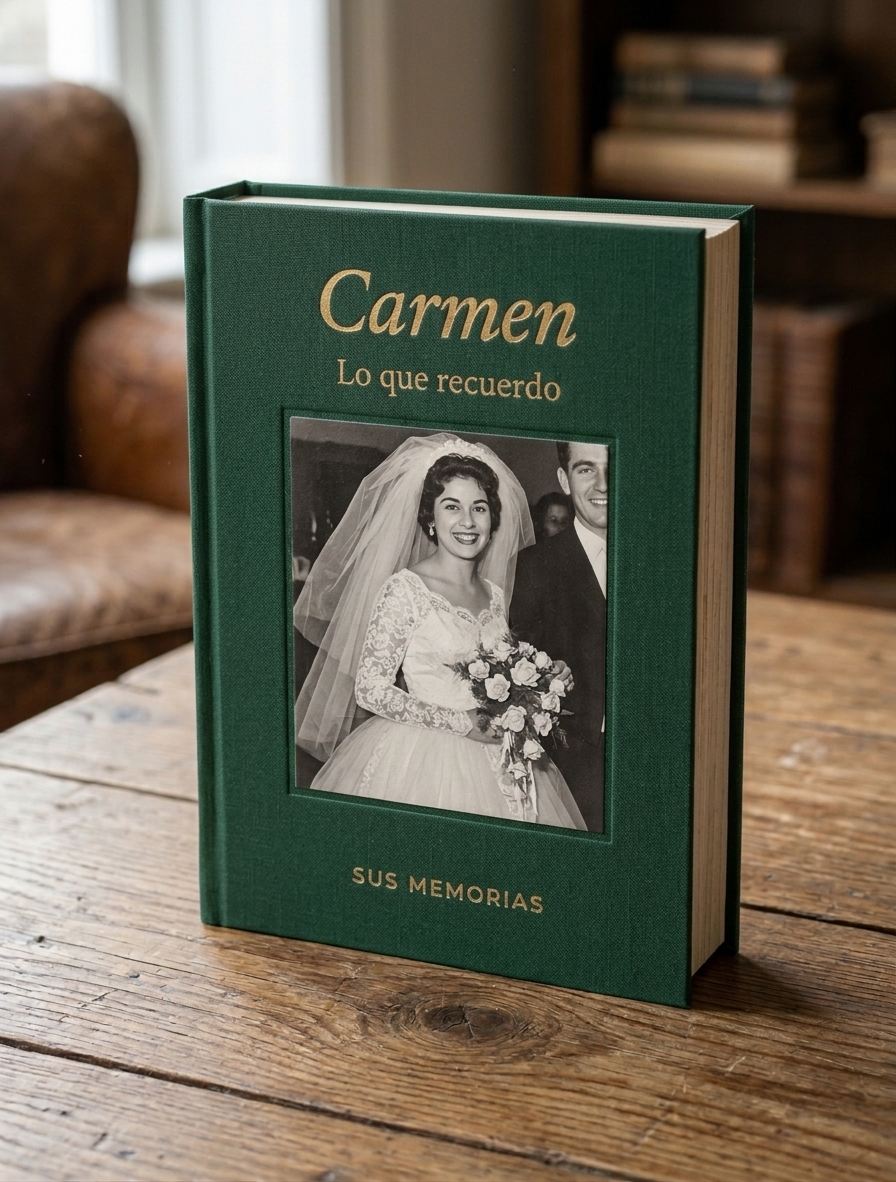 Libro de tapa dura en tela verde con el título «Carmen, lo que recuerdo» en dorado y, en la portada, una foto de boda en blanco y negro; está apoyado sobre una mesa de madera.