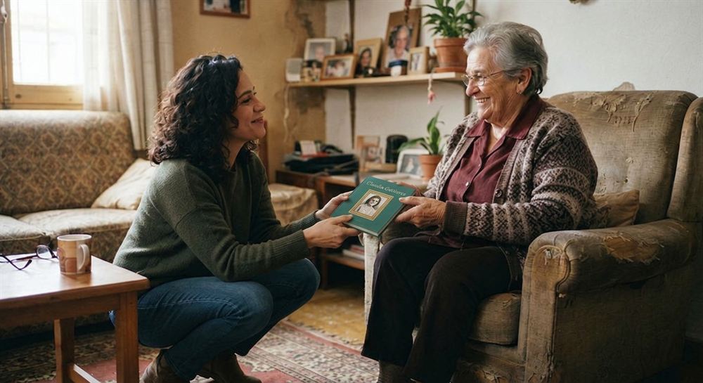 Una mujer joven entrega a su abuela un libro de tapa verde con su retrato en la portada; ambas sonríen en el salón de casa.